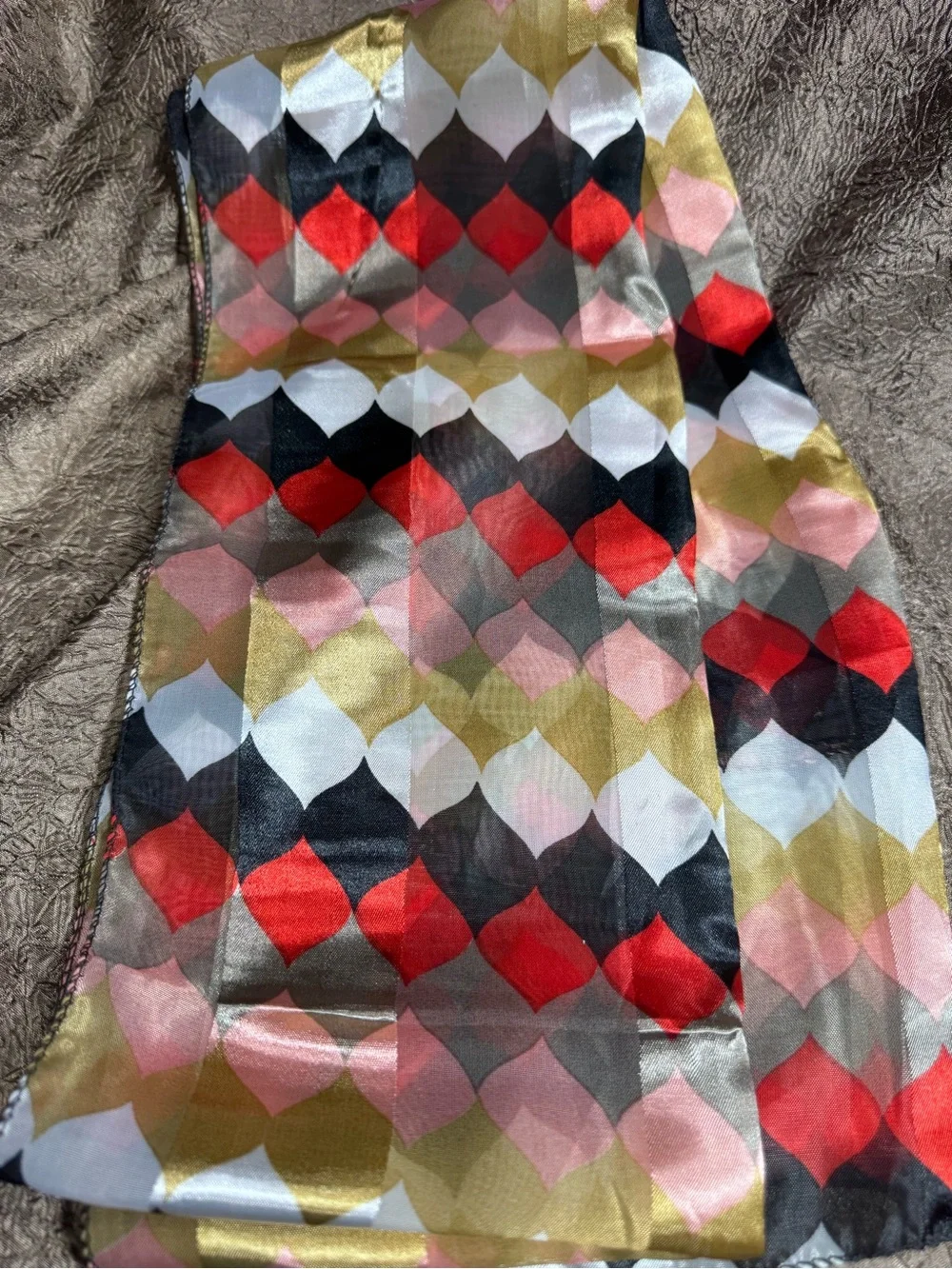 Bold Geometric Satin Scarf in Red, Pink, Gold, Black & White